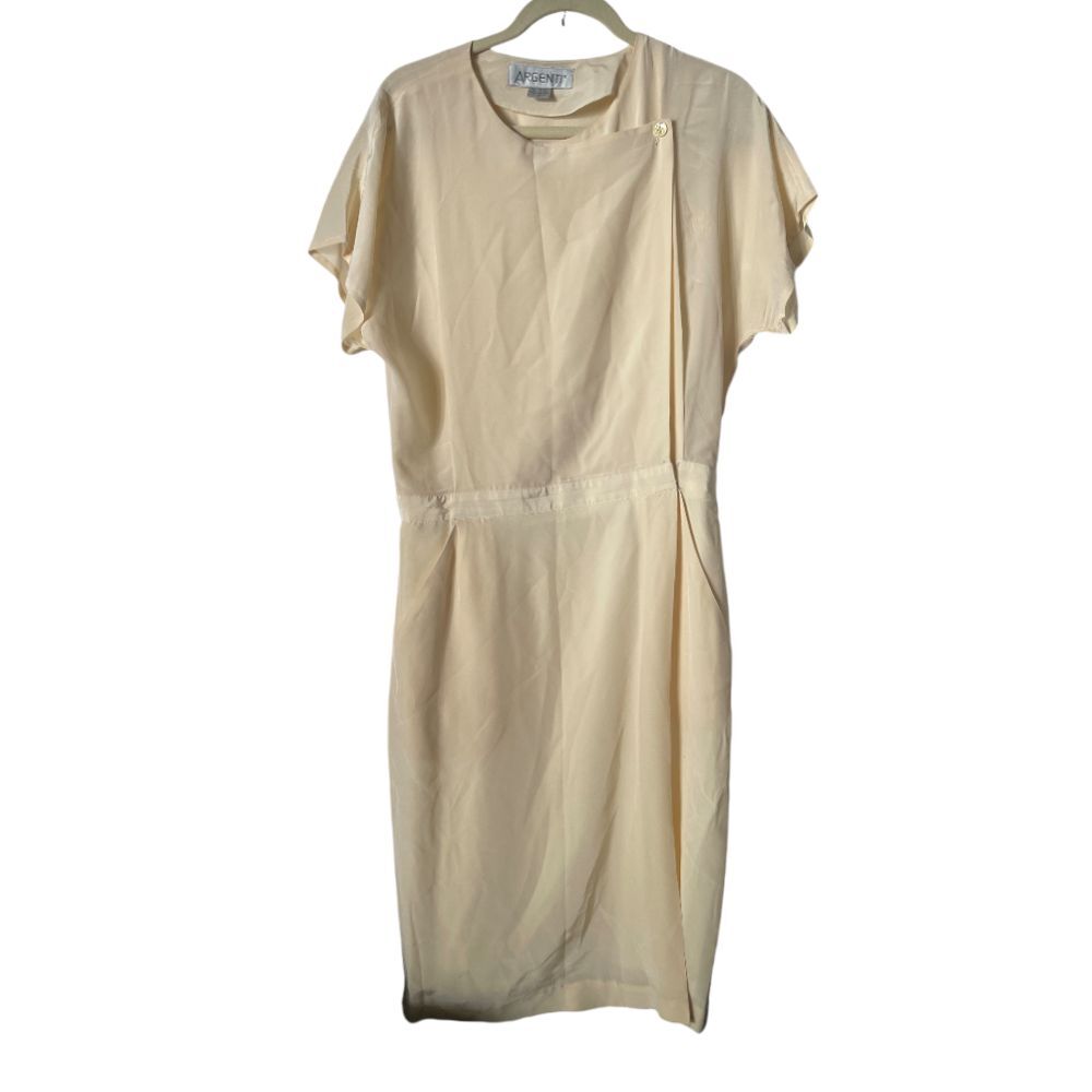 Vintage Cream Silk Argenti Short Sleeve Wrap Dress 14‎
